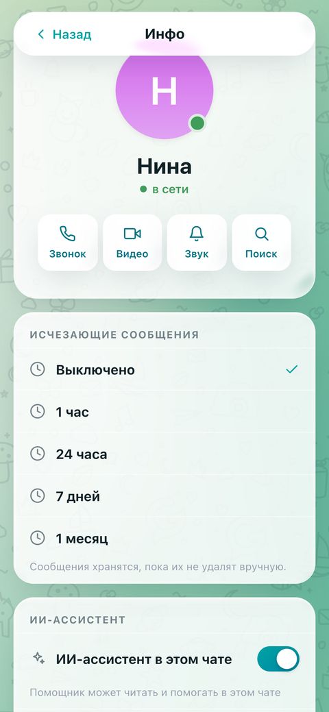 Нижний край экрана «Инфо» в Gluline: группа «ИИ-ассистент» с включённым переключателем «ИИ-ассистент в этом чате»